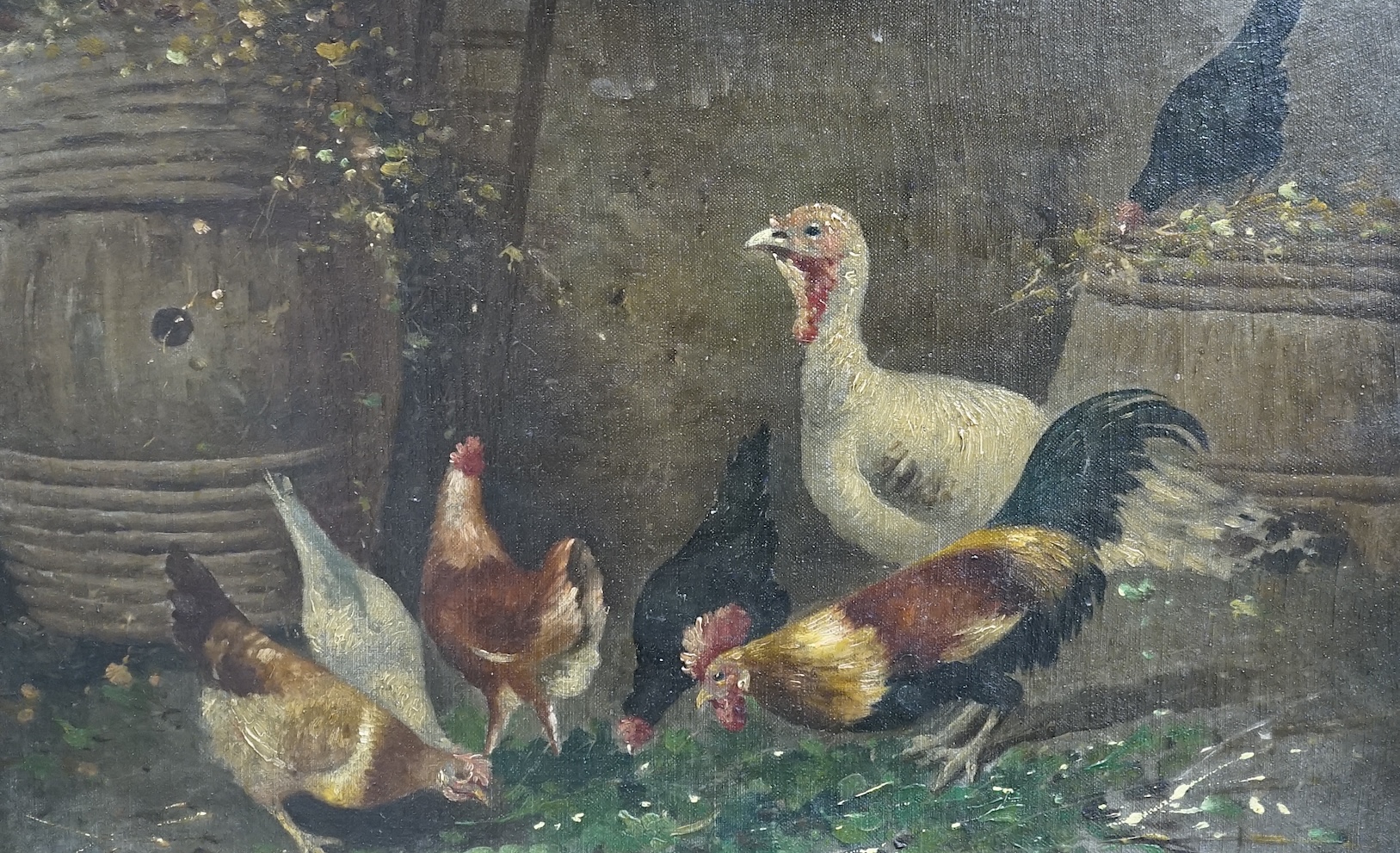 19th century, oil on canvas board, Study of chickens and turkeys feeding, 24 x 37cm. Condition - fair